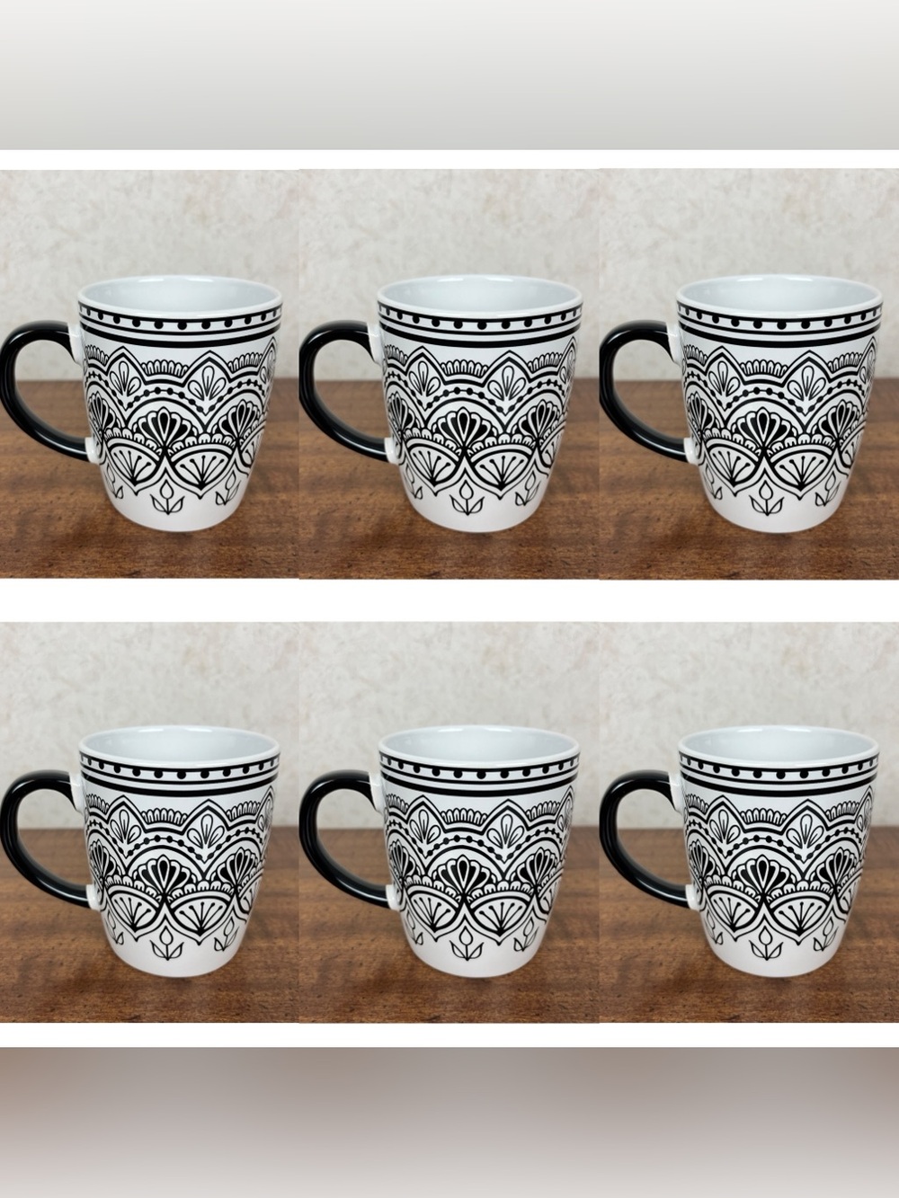 Royal Norfolk 6 Mediterranean Mugs Cups Black White Coastal Beach Boho 10.5”